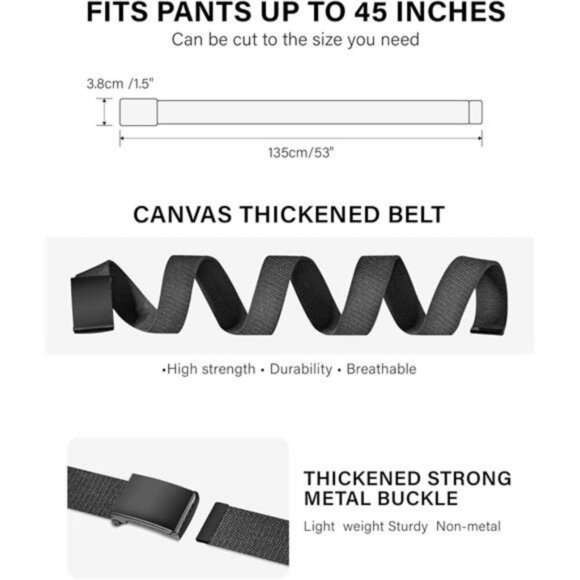 Mens Adjustable Canvas Belt No Holes Black Work Casual Dress Fabric Strap - Picture 3 of 7